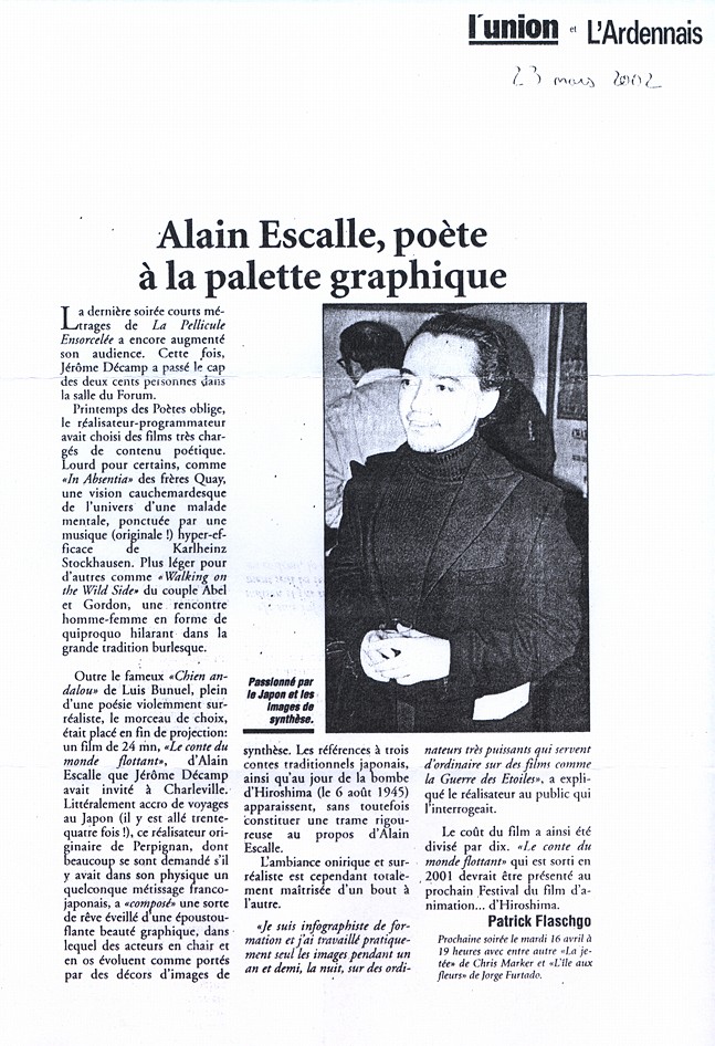 Article de L’Union & L’Ardennais consacré au travail d’Alain Escalle, publié le 23 mars 2002., page 1