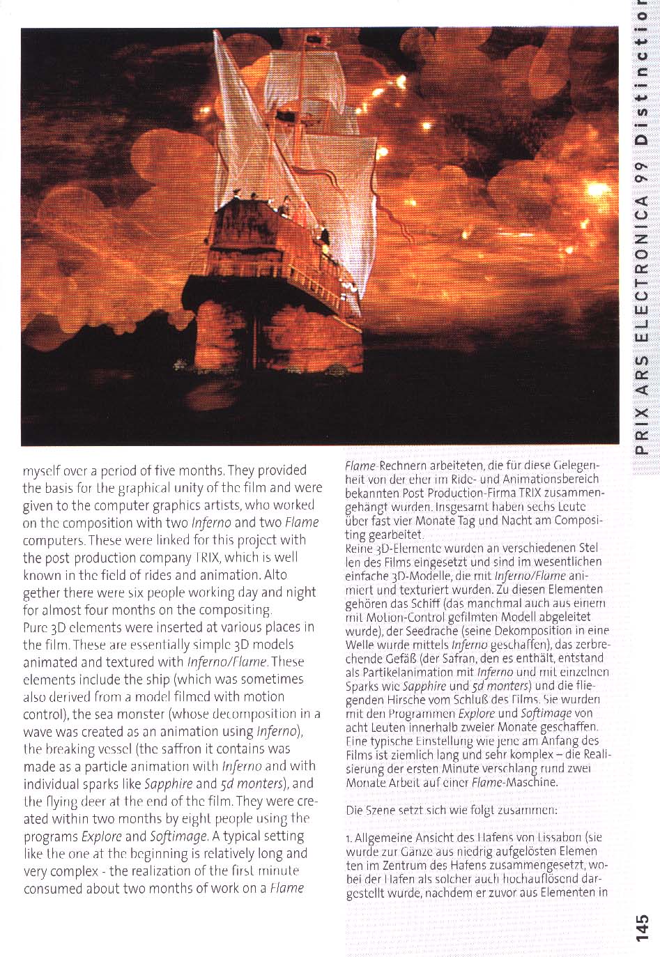 Pages d’Ars Electronica 1999 sur la direction et le design des effets visuels d’Alain Escalle pour le court métrage A Viagem de Christian Boustani., page 4