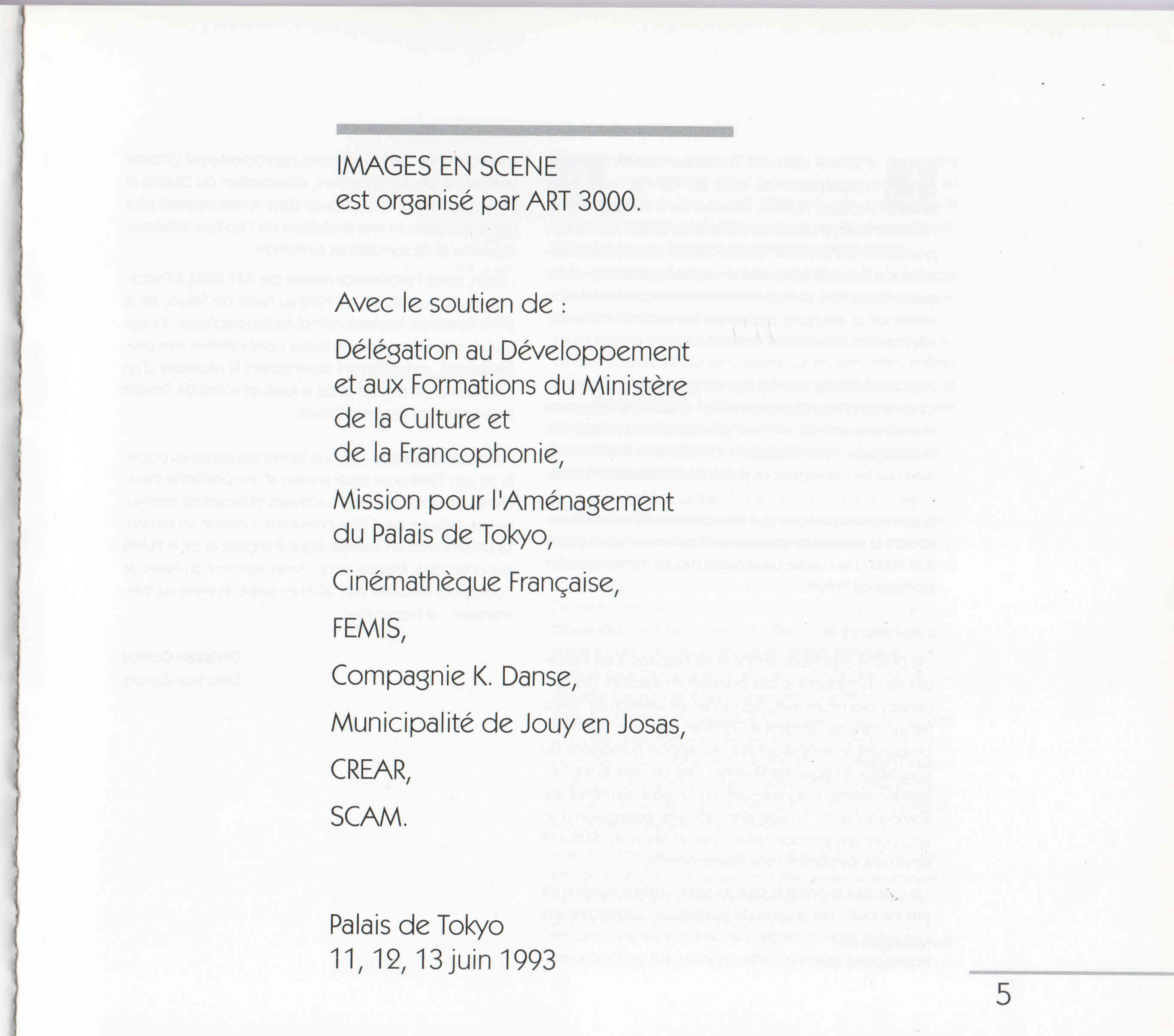 'exposition collective « Images en scène » a été organisée en juin 1993 au Palais de Tokyo à Paris par l'association ART 3000 dirigée par Christian Oddos, avec la participation d'Anne-Marie Cornu. Sur le thème des nouvelles approches de l'image projetée, du numérique et de la vidéo, questionnant le passage de la peinture ou du réel au cinéma et aux installations multimédias. Présentation de l'installation: Le Radeau de la Méduse, dérives., page 2