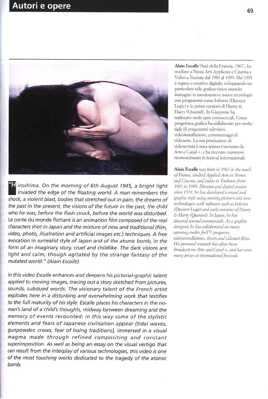 Page critique parue dans le catalogue du Festival Mostra Invideo au sujet du film Le Conte du Monde Flottant d'Alain Escalle, en 2001, page 2