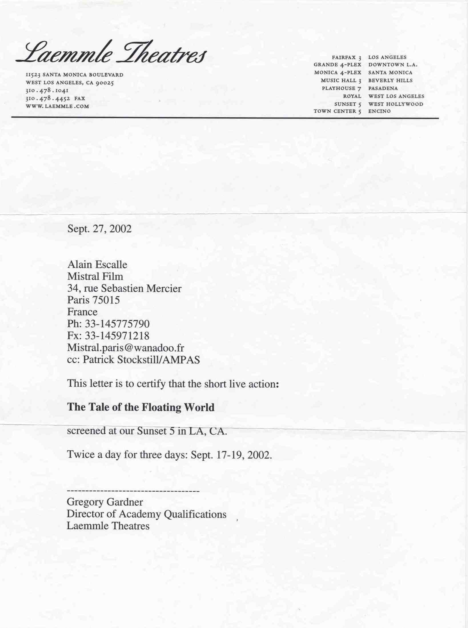 Exploitation du film Le Conte du Mode Flottant durant trois jours à Los Angeles au Laemmle theater Sunset 5 — Diffusé deux fois par jour les 17–19 septembre 2002., page 1
